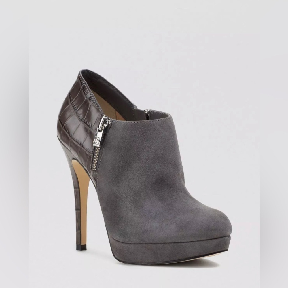 MICHAEL Michael Kors Gray Suede & Brown Croc-Embossed Leather Ankle Booties